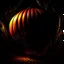 Placeholder: big hot air ballon with basket, red orange and yellow strips , ballon in a huge cave, dark, stone, fire of the ballon only light, drawing, details, dark, industrial design