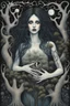 Placeholder: A painting depicting a surreal ghostly woman with ghostly white skin in Tim Burton style, high details, surrounded by various strange mystic trees. Her eyes are close open, and her is long messy dark hair. she holding a black heart, adding a unique surreal and sinister style to the artwork, etheral, weird plants, otherworldly, dark mood