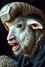 Placeholder: side profile, with heading (autofarm) in poster form,a portrait of a fat head mechanic sheepman, man is eating a hybrid mixed body part sheep, giant eyes sheep alien style H.R giger look. as one headed mouth open, rough teeth, turn head