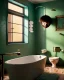 Placeholder: Bathroom scene, big hair monster into bath, Wes Anderson style, realistic photo, realistic image, concept art, smooth, unreal engine 5, god lights, ray tracing, RTX, lumen lighting, ultra detail, volumetric lighting, 3d.