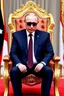 Placeholder: Front view image of Putin sitting on a throne, wearing sunglasses