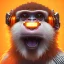 Placeholder: A beautiful portrait of a cute cyberpunk monkey laughing facing camera orange color scheme, high key lighting, volumetric light high details with white stripes and feathers unreal 5, octane render, cinema4d, dynamic lighting, dramatic lighting, 4k, redshift render, highly detailed, hyper realistic