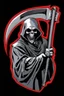 Placeholder: Grim-Reaper gripping scythe with both hands, vignette, black and white vector with a red outline, and black background, biker style