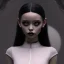 Placeholder: Jenna ortega black dress,soft goth libstick, wednesday addams family make up, brad double wig, dramatic lighting, highly detailed, volumetric lighting, unreal engine, 8k