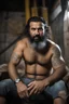 Placeholder: full figure shot photography of a 43-year-old arab angry beefy tattoo very hairy sweaty worker sitting spread-legged in an old sofa inside a construction site shed, big shoulders, boots, dressed in bulging shorts,shirtless, stubble, big manly legs, hairy chest, serious eyes, midnight, dim neon lights illuminating and shine on the beards of sweat that fill his large chest, photorealistic , ambient occlusion, view angle from the ground