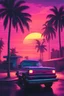 Placeholder: Retro wave, synth wave, with neon light, sunset, clouds, palm trees, 1980's style ford truck parked sideways on street