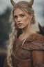 Placeholder: A beautiful woman with blond hair, viking braids Brown leather armor. Horse