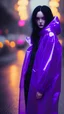 Placeholder: painting by koson ohara and marta bevacqua, portrait of a beautiful goth woman with long black hair, wearing a plastic raincoat, purple neon lighting, 8k, high quality, highly detailed