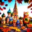 Placeholder: create richly detailed Russian Matryoshka cats in vibrant hues, decorated with intricate patterns, positioned by size in front of Saint Basil’s Cathedral, surrounded by falling autumn leaves, glowing sky, cinematic warm tones, ultra-realistic 8K --v 7
