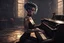 Placeholder: scarred cyberpunk vampire girl with tribal tattoos short curly cyberpunk hair playing piano in the library of a decaying gothic mansion at dawn