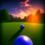 Placeholder: blue sphere on the left, green meadow, sunset, photorealistic, 8k