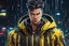 Placeholder: David with Body parts mechanism in 8k 2D anime realistic drawing style, cyberpunk them, yellow jacket, neon effect, close picture, rain, highly detailed, high details, detailed portrait, masterpiece,ultra detailed, ultra quality
