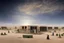 Placeholder: could you please create a visual image for an design project of different areas in a Holistic and Sustainable R comunal Spaces, Education and Job Training Centers, Integration of Mental Health Support' by the Rafah boarder in the dessert with living pods around it