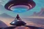 Placeholder: beautiful woman riding inside flying saucer over future alien city