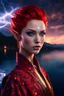 Placeholder: detailed eyes, female half elf, red sleek and chicz hairstyle, detailed glowing ornamental magical pattern robe, glowing gem crackling with lightning implanted on robe, 8k, high detail, lake background, midnight, facing viewer, front facing