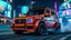 Placeholder: A street-racing-themed, highly customized Mercedes-Benz G-Class with a widebody kit, painted in a two-tone orange and black color scheme with intricate geometric patterns. The car features a large rear wing, aggressive front splitter, and is equipped with neon blue headlights and underglow. The scene is set in a vibrant cityscape at night, with bright neon lights and billboards in the background. The G-Class is shown drifting, with smoke trailing from the tires, capturing a sense of speed and po