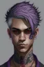 Placeholder: Light brown skin, red eyes, straight short purple-grey hair, snake tattoo on neck, black clothes, round face, teenager