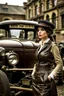 Placeholder: young woman with straight shoulder-length hair, dressed in brown leather trousers and waistcoat, leather gloves and a fascinator in an old industrial courtyard, next to a steampunk steam car on a summers day