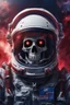 Placeholder: A close up of a skeleton face in an astronaut helmet and suit floating in space. inside the hollow eyes are red shining lights, scary. On his suit is an American flag and in his one hand is a small wavering American hand flag. From the back of his suit is blowing out blue, white and red smoke. Realistic, 8k, highly detailed, funny