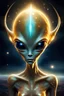 Placeholder: On a starry night, a luminous-skinned alien appears. Its eyes glow with an ethereal hue, while antennas move delicately in the cosmic void. The body, enveloped in a golden aura, reflects the light from the surrounding stars. Despite the alien appearance, its beauty is almost otherworldly, conveying a sense of calm and mystery.