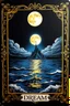 Placeholder: in center stunning deep colors and gold alcolhol ink tarot card (9:10 ratio) with 1 full moon and stunning fantasy sea with fairy island, moon reflection, inscription at the bottom, text:"DREAM", dark sky, strars, occult forces, sharp focus, beautiful ornamentic frames on card, detalied, fantasy, black background