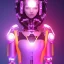 Placeholder: Cute girl in a robotic hijab suit,purple and pink backlight, orange lighting, profile