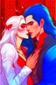 Placeholder: A couple from the dnd game curse of Strahd. The woman has long white hair and blue eyes, the man has LONG BLACK hair and red eyes, no facial hair. KISSING