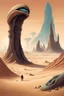 Placeholder: Scifi desert landscape with towering rock formations, and vast, empty plains, with a giant sandworm monster emerging from a pile of sand, illustrated in otherworldly styles using distorted perspectives, unusual colors, and dreamlike , and an alien and surreal environment, foreboding atmosphere , gothic undertones, blending traditional and futuristic elements, 70s retro science fiction art, Dune artwork, in the style of Frank Herbert, surreal, highly detailed, concept art, Joseph Cross