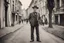 Placeholder: cute poland man in full haight 1920-1930 on streen in warshaw. Retro style photo full height. Without people
