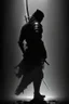 Placeholder: Background is dark grey, almost black. There is a head and torso silhouette looming in the picture, completely masked by a black kevlar suit with a sword sheathed behind the silhouette's back.