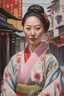 Placeholder: ultra detailed urban modern portrait painting of a Korean woman in traditional kimono including a korean pocha street in background