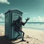 Placeholder: Zombie in a Hawaiin shirt trying to break into a port-a-potty on beach, inspired by the style of Dave McKean, sinister, foreboding, Dead Island aesthetic