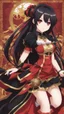 Placeholder: Tokisaki Kurumi appears to be elegant and has very polite manners, ivory skin and long, evil smile, crazy smile, black hair usually tied in long twin tails, deferent Eyes colors, right eye is red-tinted color, left eye appears as a golden color, inorganic clock face, a girl with astonishing beauty, wearing her astral black and red dress 'Elohim', left golden eye, in dreamshaper finetuned model with dynamic art style witg