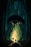 Placeholder: A frightening fungus forest dungeon hallway with the silhouette of a lumbering mushroom monster in the background