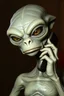 Placeholder: lifelike grey alien angrily talking on the phone