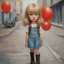 Placeholder: 1970s, blond Little girl , in the style of Margaret Keane, long hair, biker boots,very huge damp eyes, she is standing in the street, red balloon ,