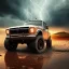 Placeholder: hyperrealistic shot, off-road truck, earth color palette, sharp focus, puddle reflection, tire water splash, refraction, rain and lightning on the horizon, shadowcast, detailed and intricate, cinematic composition, micro, tilt shift photography