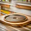 Placeholder: a circular heavy plate with circle holes on it drops from distance big pot of water on a table and bouncing and splashes of water