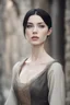 Placeholder: Scandinavian medieval woman with black short hair, pale skin, pretty lips, fit