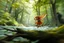 Placeholder: oil painting ,motion blur running caped long haired pixie Quickling - Forgotten Realms dodging tiny green dragonabove water and along winding branches in lush green forest along speeding horses , bokeh like f/0.8, tilt-shift lens 8k, high detail, smooth render, down-light, unreal engine, prize winning