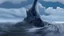 Placeholder: A colossal, calcified mountain, shaped like a great blackend redwood tree trunk, rises dramatically from the ocean. A powerful whirlpool swirls around the entire mountain, drawing water from the ocean and funneling it into a pit at the base of the trunk. Treacherous, broken steps wind their way up the cliff fac, leading the viewer's eye upward. composition emphasizes scale and power of the mountain, intensity of the whirlpool. style: realistic fantasy. dramatic, moody ligh