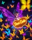 Placeholder: hyper realistic magical scene featuring a delicate beautiful fairy with glowing vibrant purple wings holding a glossy shiny vibrant golden sheild written find details "Dewi Cinta " in cursive font, Surround the fairy with numerous vibrant multi coloured neon butterflies fluttering, background dark enhancing the enchanting and whimsical atmosphere of neon garden, ultra HD sharp focus