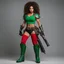 Placeholder: [high res photo for Heavy Metal] a warrior woman with curly hair has two big pistols, she has her hands in front of her face, a red revealing t-shirt, muscular legs and big boots. She war greek gloves and green shin guards. She is Amok, ready to attack