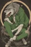 Placeholder: Sense of liberation by a beautiful green werewolf wearing a shirt and baggy pants