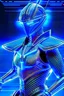 Placeholder: neon blue, flying parts of armor in form of triangles, cyber armor, geometric patterns on armor, male, orbiting triangle