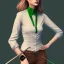 Placeholder: Woman with crutch, back, black trousers, green shirt, render background, brown hair