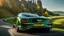 Placeholder: A sleek rear view of (((a cross of bentley and Hypercar))), on street, with hill and trees around, a beautiful clouds and sunny weather