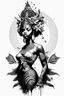 Placeholder: black and white illustration in a tattoo style of the oshun divinity for a stencil tattoo in a white background