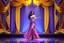 Placeholder: modern stage with gray-dark yellow blueish violet theme artistic decoration , color full dynamic lighting, a beautiful lady in maxi dress with shining silver jewels ,curvy long hair,dancing, 3D recursive fractal structure animating background