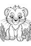 Placeholder: cute coloring page, sketch style, cute baby Lion in the jungle, cute cartoon, white and black, withe background, no shadows, outline.